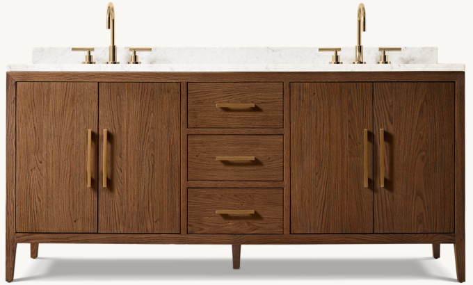 72&#34; vanity shown in Coffee Oak/Satin Aged Brass with Italian Carrara Marble countertop. Featured with Sutton Lever-Handle 8&#34; Widespread Faucet.