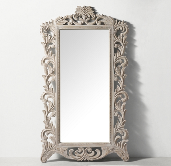 Baroque Carved Wood Leaner Mirror Weathered White