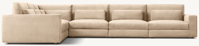 Shown in Sand Performance Velvet; sectional consists of 1 left-arm chair, 1 corner chair, 3 armless chairs and 1 right-arm chair. Cushion configuration varies by component.