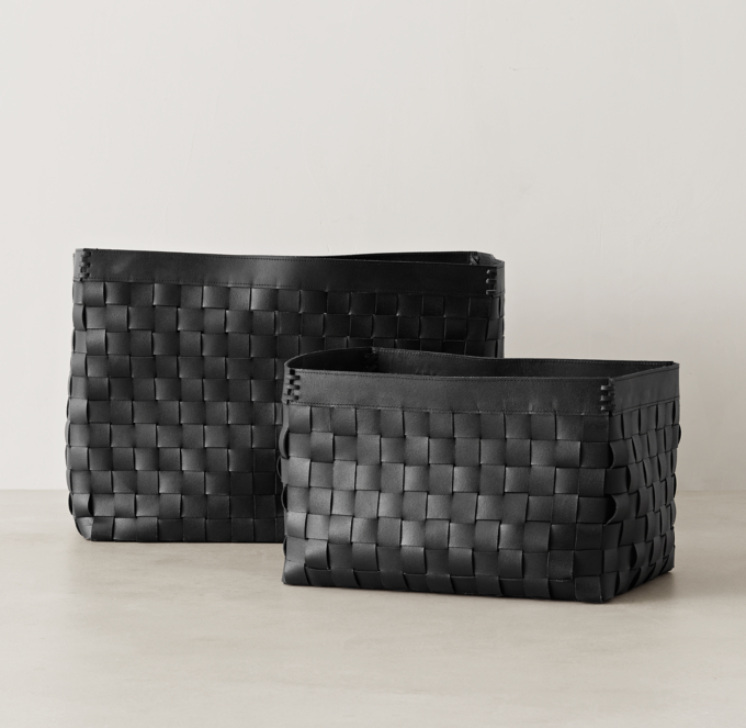 Woven Leather Basket Gray